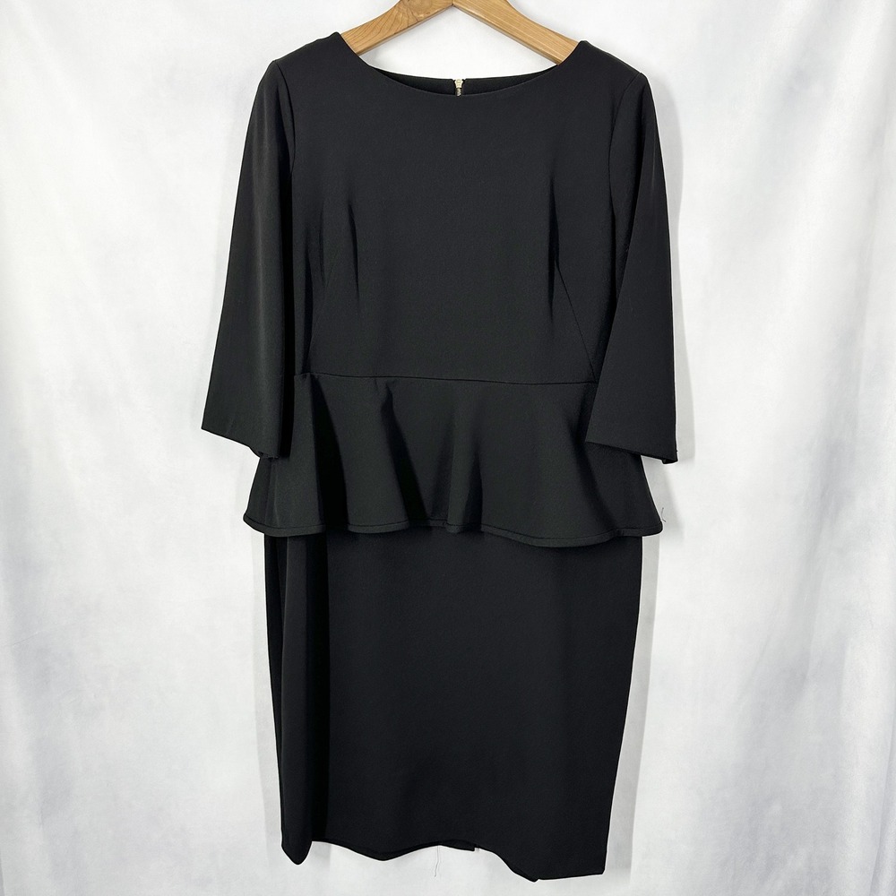 Calvin‎ Klein 3/4 Sleeve Crepe Black Peplum Sheath Dress Women's Size 16